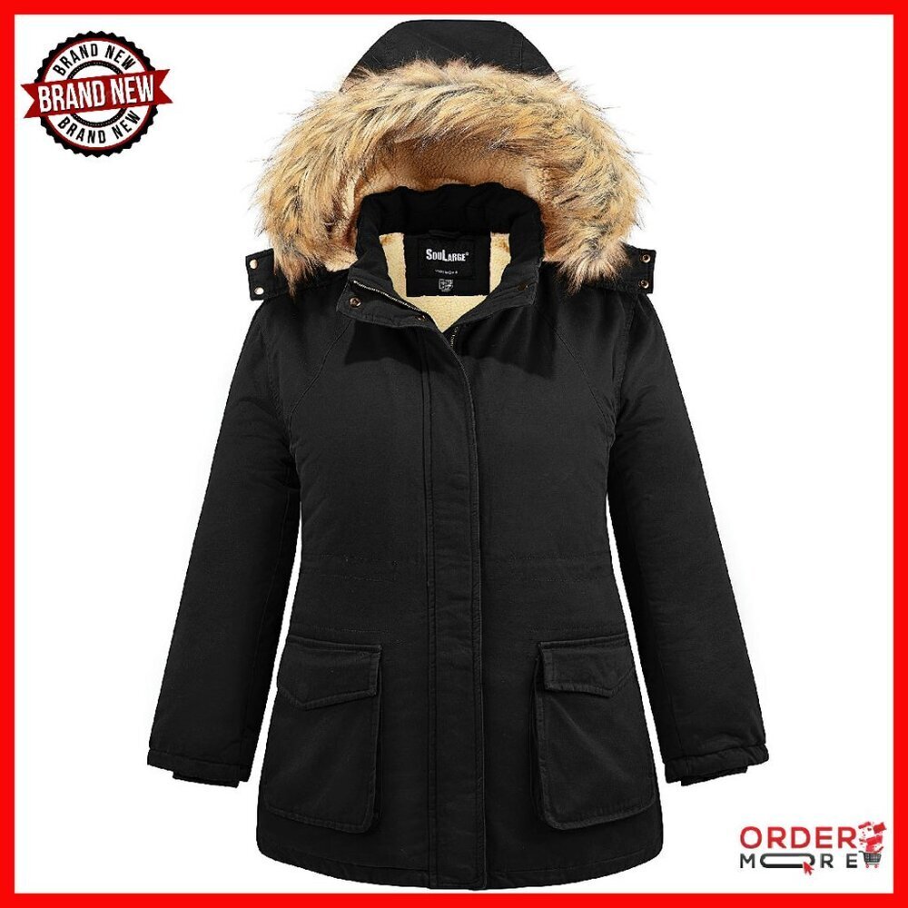 Plus Size Winter Sherpa Lined Jacket with Detachable Hood